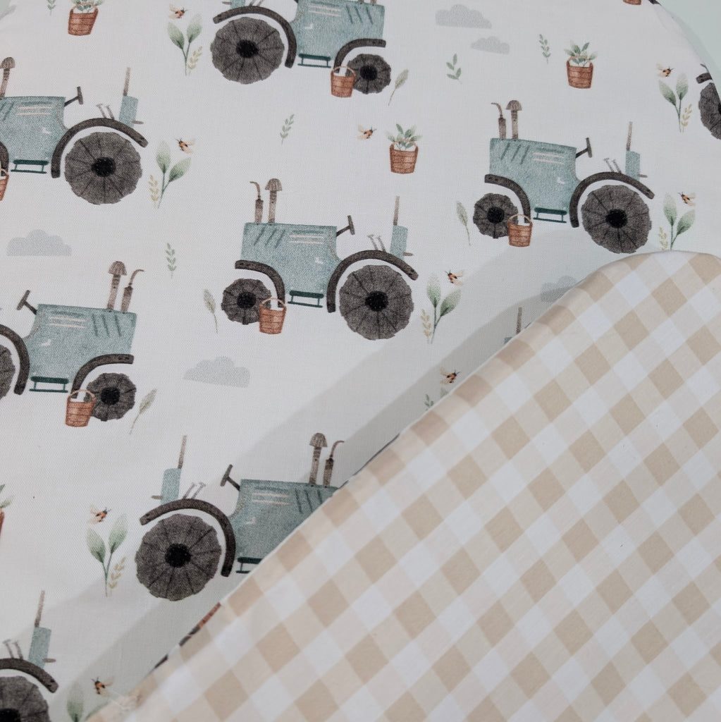 BUGABOO DONKEY BASSINET LINER ALL DONKEY MODELS. blue tractor / soft beige cream gingham