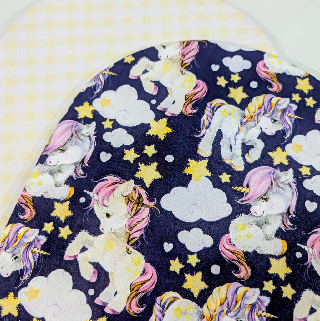 UPPABABY PRAM BASSINET LINER, FITS ALL UPPABABY BASSINETS. navy unicorn / lemon gingham