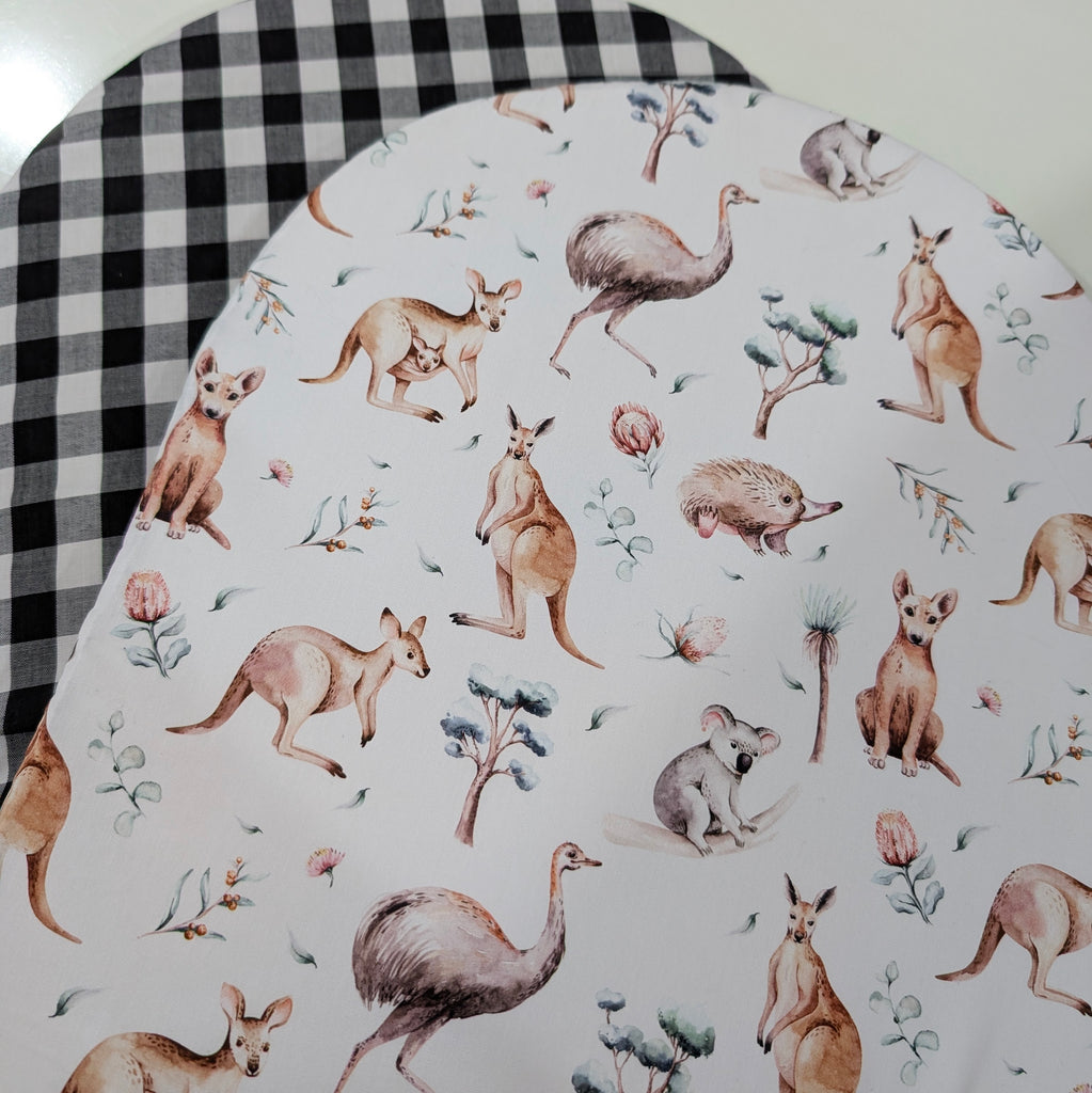UPPABABY PRAM BASSINET LINER, FITS ALL UPPABABY BASSINETS. aussie animals / black gingham